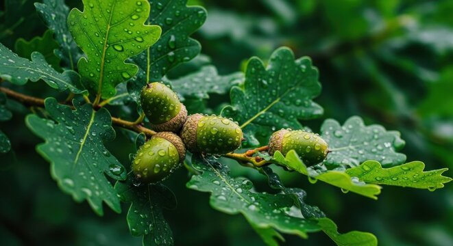 Green leaves with water droplets on them, possibly from a recent rain. The leaves are part of a tree, and the droplets are on the leaves and the branches.