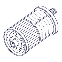 Detailed line drawing of a water filter cartridge isolated on, showcasing its filtration system and cylindrical design for clean water technology