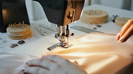 Close-up of Sewing Machine Stitching Peach Silk Fabric, Female Hands Guiding Material, Tailoring and Dressmaking, Fashion Design Studio