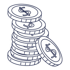 Illustration of a stack of coins with a dollar sign on them, isolated on the coins are stacked on top of each other, and there is one coin leaning against the stack