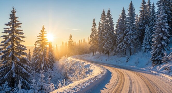 A winding road through a snowy forest with a bright sun shining through the trees. - Powered by Adobe