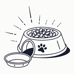 Illustration of a dog bowl full of food, with a paw print on the side and a smaller bowl next to it isolated on vector drawing of pet supplies
