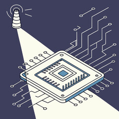 Isometric illustration of a microchip emitting a signal, representing wireless communication, technology, and connectivity isolated on the design is minimalist