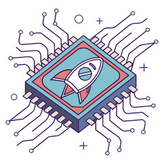 Illustration of a microchip with a rocket on it, representing technology, innovation, and progress isolated on the design is clean and modern