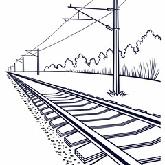 A monochrome illustration showcases a railway track stretching into the distance, complete with overhead power lines and a backdrop of trees, isolated on