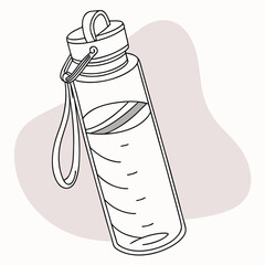 A minimalist line drawing of a reusable water bottle with a strap, set against a soft, neutral background, isolated on