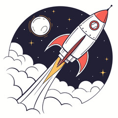 A whimsical cartoon illustration of a rocket ship soaring through a starry night sky, surrounded by fluffy clouds and a radiant moon, isolated on