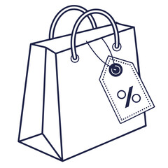 A simple line art illustration of a shopping bag with a price tag attached, isolated on, perfect for retail, sales, and promotional designs