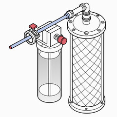 Illustration of a water filtration system with multiple cartridges and a valve, designed to purify water by removing impurities, isolated on