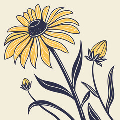 A botanical illustration of a yellow coneflower with buds and leaves, featuring a simple and elegant design, isolated on