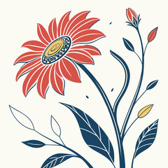 Stylized red flower with blue leaves and stem on a cream background, a botanical illustration with a modern, minimalist aesthetic isolated on