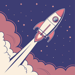 A retrostyle cartoon illustration of a rocket ship launching into a starry sky with stylized clouds and a vintage color palette, isolated on