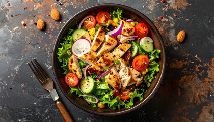 Grilled Chicken Salad with Fresh Vegetables and Healthy Greens.