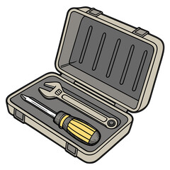 An open toolbox isolated on containing a yellow and black screwdriver and an adjustable wrench, perfect for diy projects and home repairs