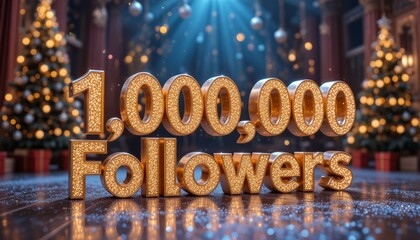 Glittering text displays '1,000,000 Followers' in a festive setting with Christmas trees and bright lights in the background.