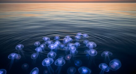 A breathtaking scene of bioluminescent jellyfish glowing softly in the calm ocean waters during twilight, creating a mesmerizing natural light display