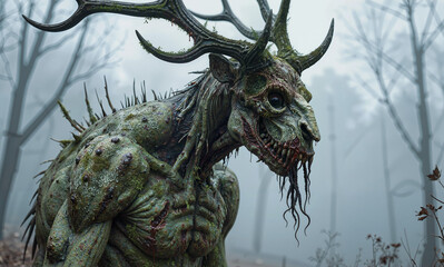 The Mossborne Cryptid: Antlered Wendigo Emerging from the Fog of Rot and Myth