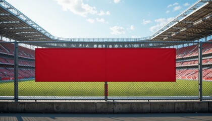 A large red banner hangs on a fence in a modern stadium. The field is empty, and the sky is clear with a few clouds. The scene conveys a sense of anticipation.