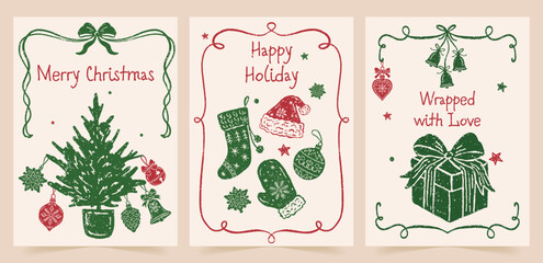 Christmas textured vector greeting card set with festive elements: Christmas trees, ornaments, Santa hat, mittens, stockings, gifts, and bells. Perfect for holiday designs and seasonal cards