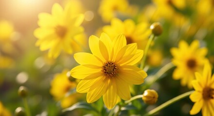 A vibrant yellow daisy in a field with a sunlit background.
