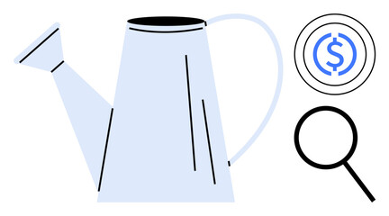 Metal watering can, dollar sign in circle, magnifying glass. Ideal for financial growth, investment strategy, business planning, savings optimization, money management, profit tracking simple flat