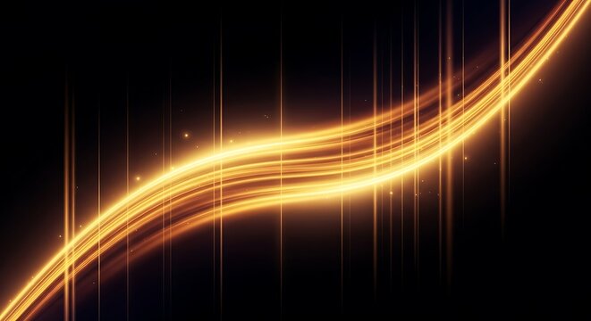Abstract glowing golden light trails swirling and flowing on a dark background with vertical lines