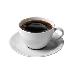 Obraz premium White ceramic mug of dark coffee sits on matching saucer against black backdrop