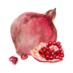 Pomegranate, hand-drawn watercolor illustration. Pomegranate fruits, pomegranate seeds, leaves, and flowers, hand-drawn in watercolor.