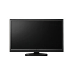 A flat-screen television with a dark, blank screen, set against a solid black background