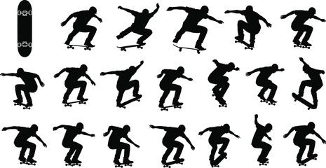 Skateboarding silhouette, ollie trick sequence, black figure motion, urban sport, jump action, youth culture, dynamic energy, balance, progression, stunt breakdown, skate deck, wheels, crouch