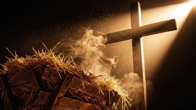 A wooden manger filled with hay is illuminated by a divine golden light next to a stark cross symbolizing the birth and sacrifice of jesus christ