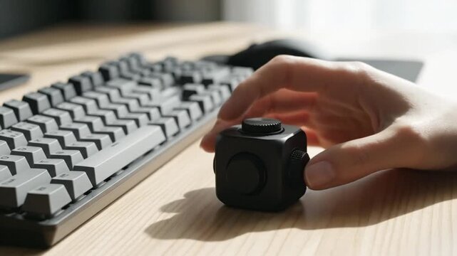 Hand using fidget toy beside keyboard