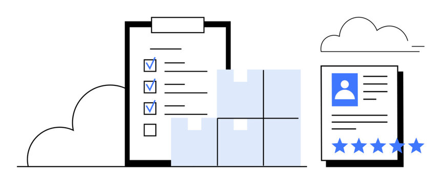 Checklist with marked tasks, multiple shipping boxes, and a profile card with a star rating. Ideal for logistics, delivery, inventory management, quality assurance, review systems, business