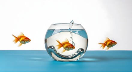 A clear glass fishbowl filled with water and three colorful goldfish swimming, with one fish jumping out of the bowl against a plain white background