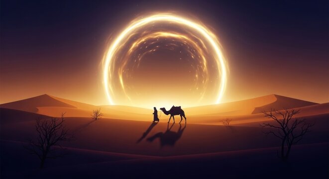 A camel walking through a desert landscape with a glowing orb in the background.