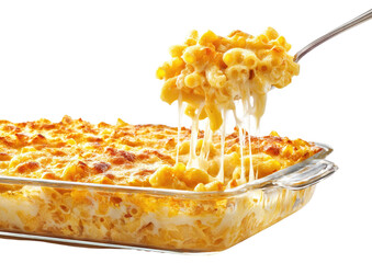 Golden, creamy mac and cheese in a clear baking dish, with cheese strands lifted