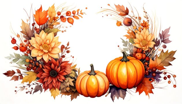 Autumnal Wreath with Pumpkins and Floral Accents, Watercolor Illustration.