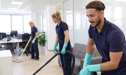  clean office, professional team of window and floor cleaning service workers in dark navy polo shirts and pastel teal gloves vacuuming white floors