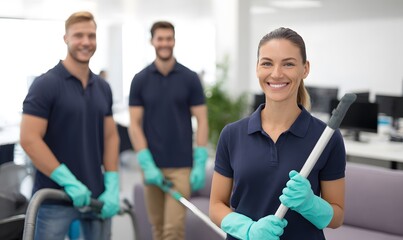  clean office, professional team of window and floor cleaning service workers in dark navy polo shirts and pastel teal gloves vacuuming white floors