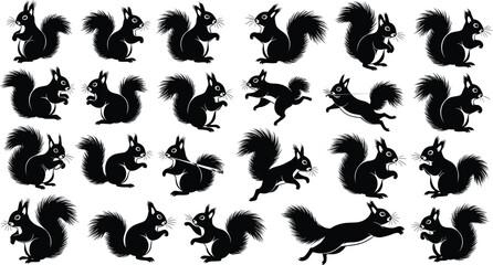 Stylized squirrel pattern, black silhouette, blue outline, dynamic poses, leaping, sitting, standing, whiskers, tail, grid design, decorative, textile 