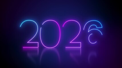 Video animation of abstract neon lights with the numbers 2026 in blue and magenta over dark background on a reflective floor - represents the new year - vacation concept. - Powered by Adobe