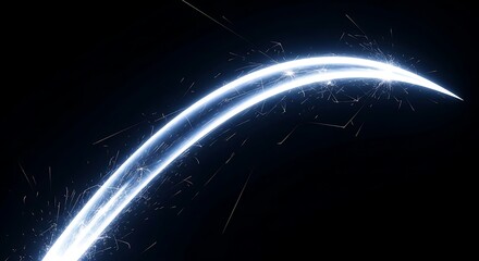 Abstract glowing blue light trails curving upwards against a dark background with sparkling particles