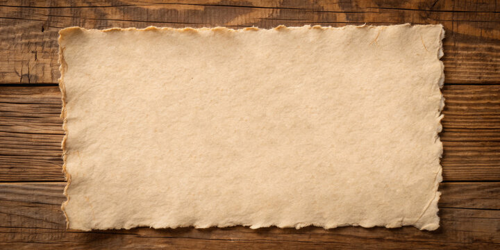 blank piece of aged, textured, parchment-like paper with deckle (rough) edges, centered horizontally on a background of rustic, dark wooden planks. Ideal for sites/blogs on history, writing
