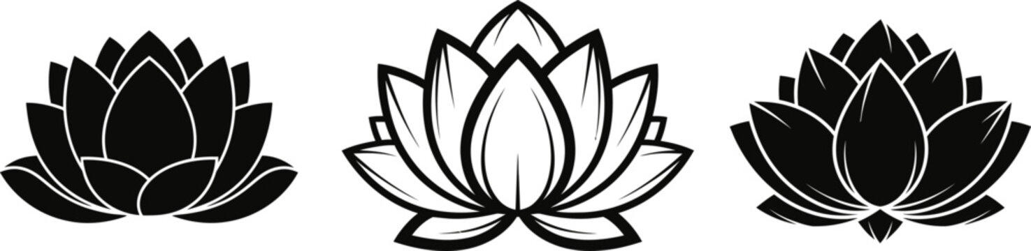 Three stylized black and white lotus flower illustrations in a row