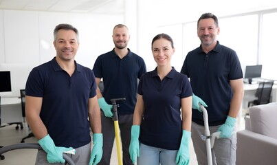  clean office, professional team of window and floor cleaning service workers in dark navy polo shirts and pastel teal gloves vacuuming white floors