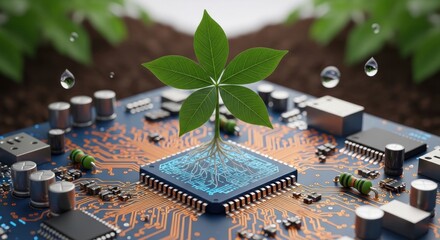 A green leaf growing from a computer chip on a circuit board with water droplets falling from above.