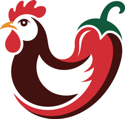 Abstract minimalist logo combining shape of rooster bird and curved silhouette of red chili pepper