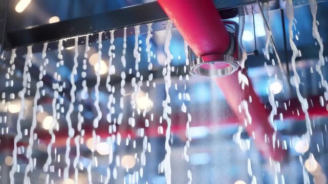 Fire sprinkler system releasing water inside building safety concept, emergency fire protection equipment spraying droplets, industrial ceiling installation, automatic suppression technology, disaster