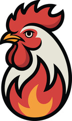 Fiery rooster head mascot with strong red feathers and flames logo illustration vector icon