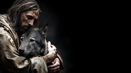 Jesus shows compassion while embracing a wolf in a dark, serene setting